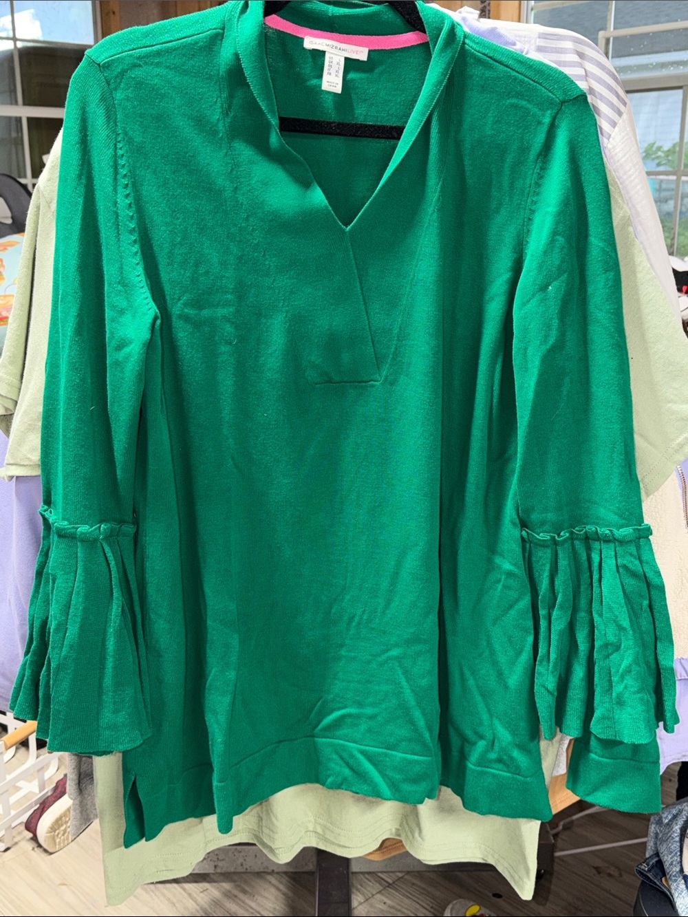 Isaac Mizrahi Emerald Green V-Neck Ruffle Sleeve Tunic